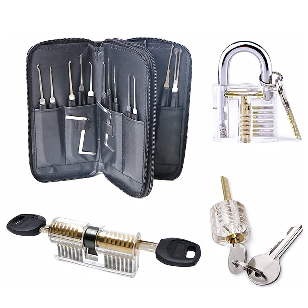 GOMINIMO 34 Pcs Lock Picking Kit with 3 Transparent Practice Training Padlocks 6 Keys and a Carrying Bag (Black)