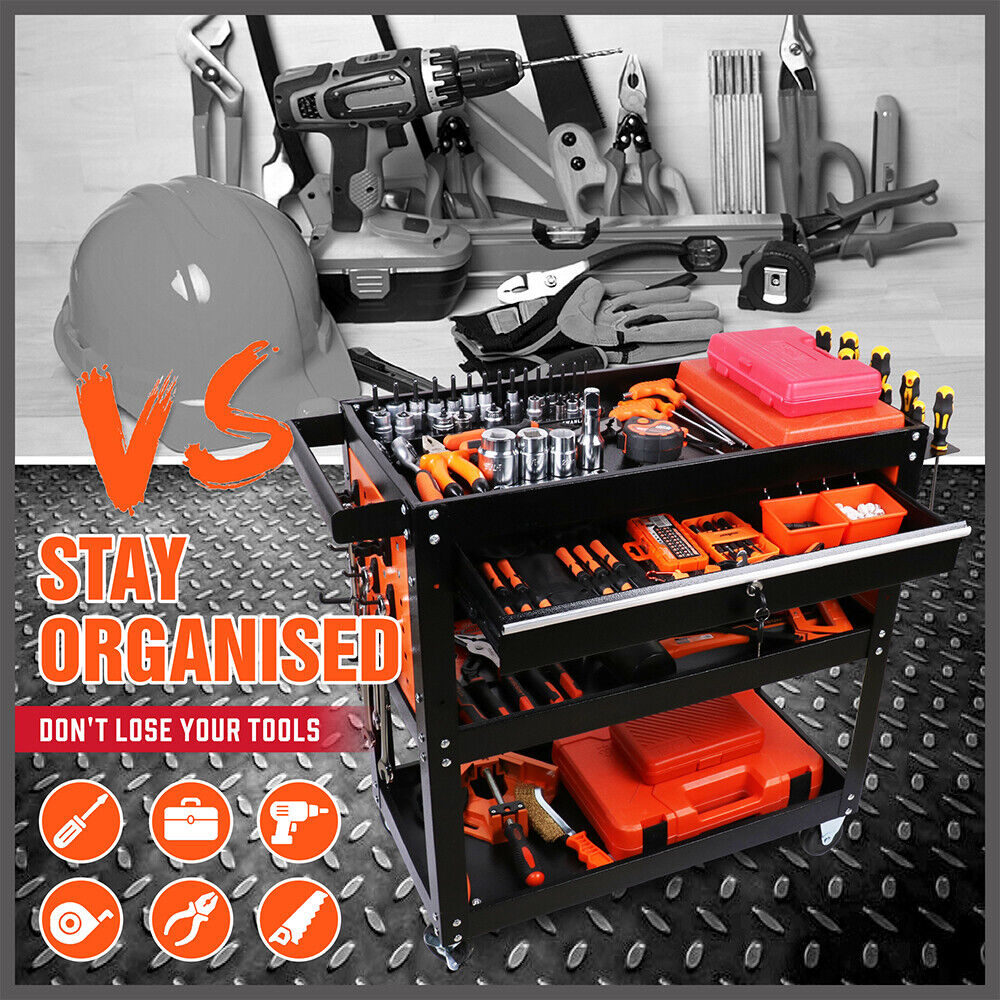 3-Tier Drawer Tool Storage Trolley Workshop Cart Steel Chest w/t Pegboard Hooks