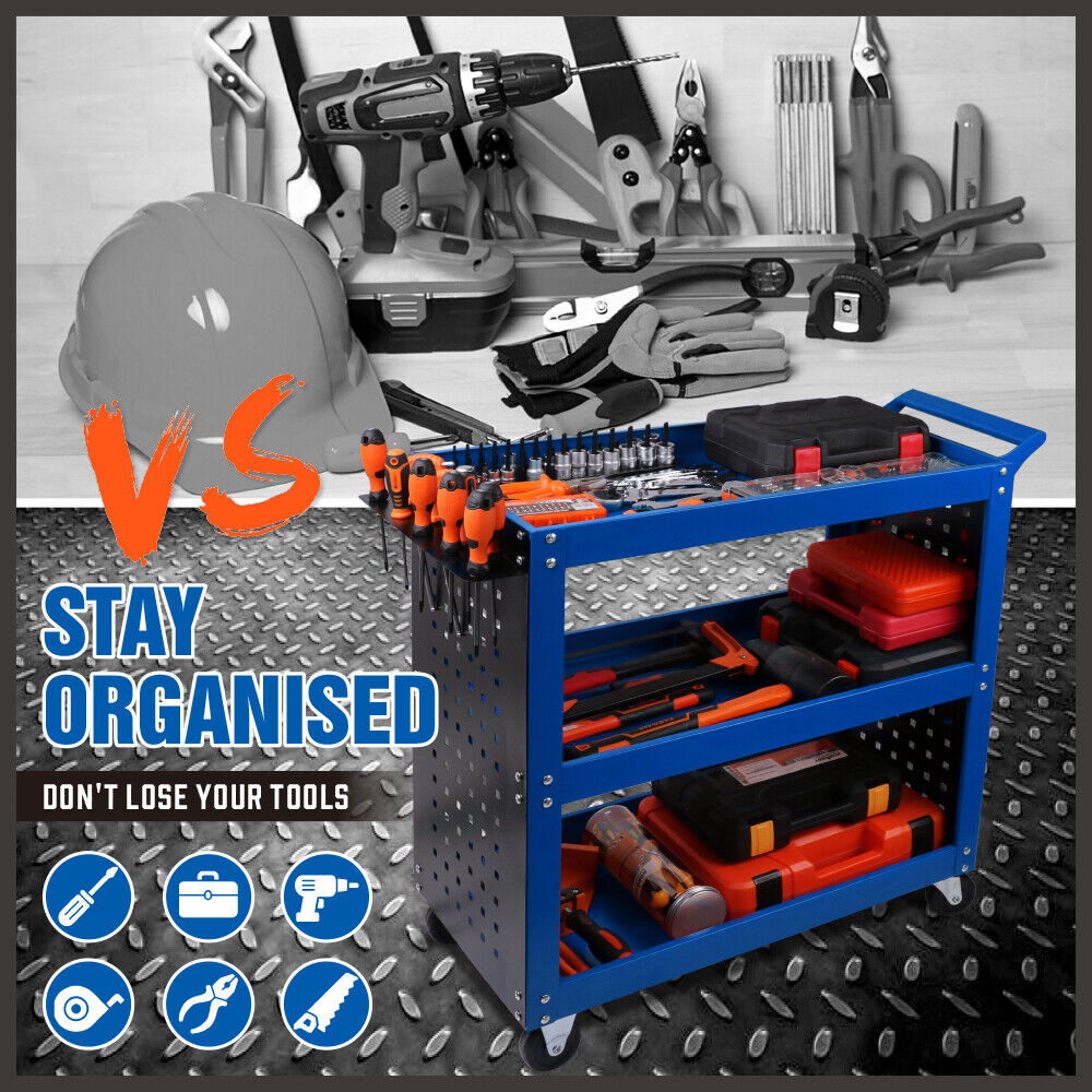 Blue 3-Tier Tool Cart Storage Trolley Toolbox Workshop Garage Organiser 150kg Blue