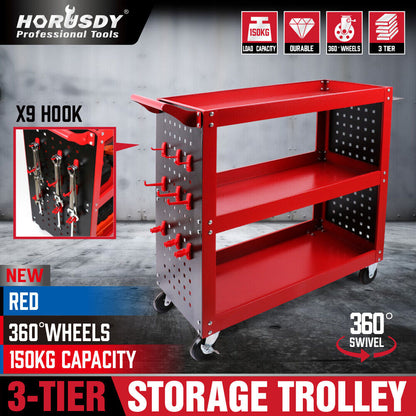 Red 3-Tier Tool Cart Storage Trolley Toolbox Workshop Garage Organiser 150kg Red