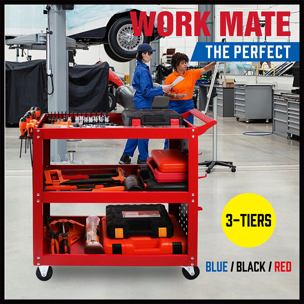 3-Tier Heavy Duty Steel Tool Trolley - Workshop Cart with Pegboard, Hooks and Locking Swivel Casters