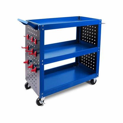 3-Tier Heavy Duty Steel Tool Trolley - Workshop Cart with Pegboard, Hooks and Locking Swivel Casters